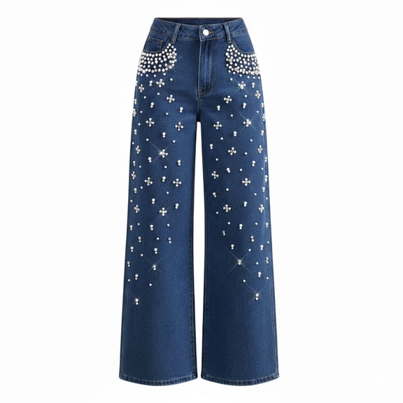 Bestseller Women's Loose Fit Jeans - Slimming Straight Leg Denim Pants with Beaded Details, Comfortable & Casual