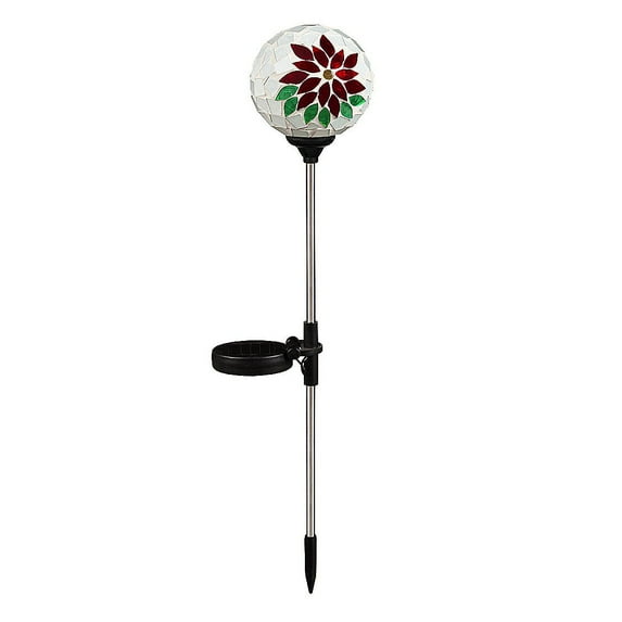 Evergreen 22"H Solar Poinsettia Mosaic Globe Garden Stakes, Red/Green