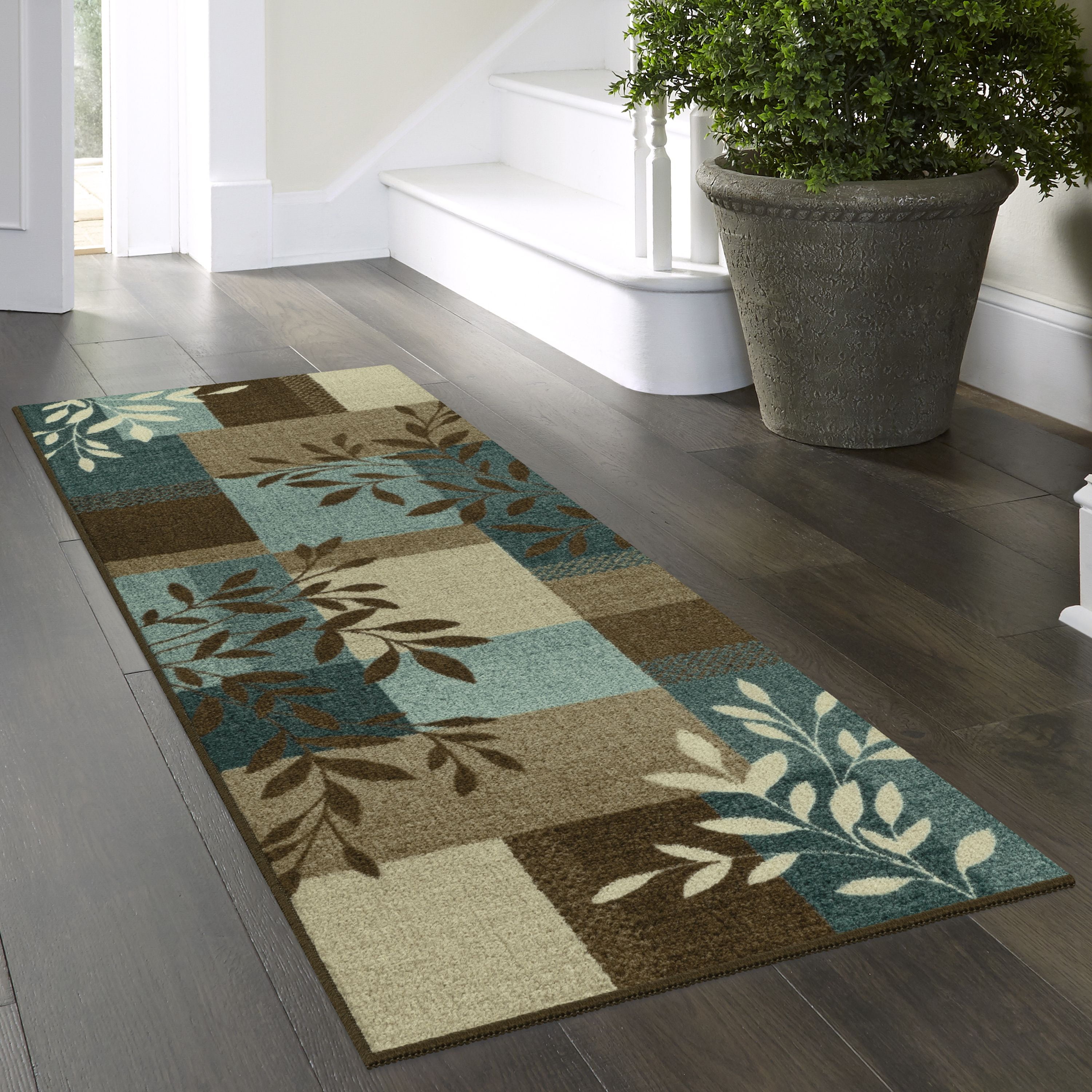 (2 pack) Mainstays Traditional Leaf Block Blue Brown Indoor Hallway Runner Rug, 1'8"x5'