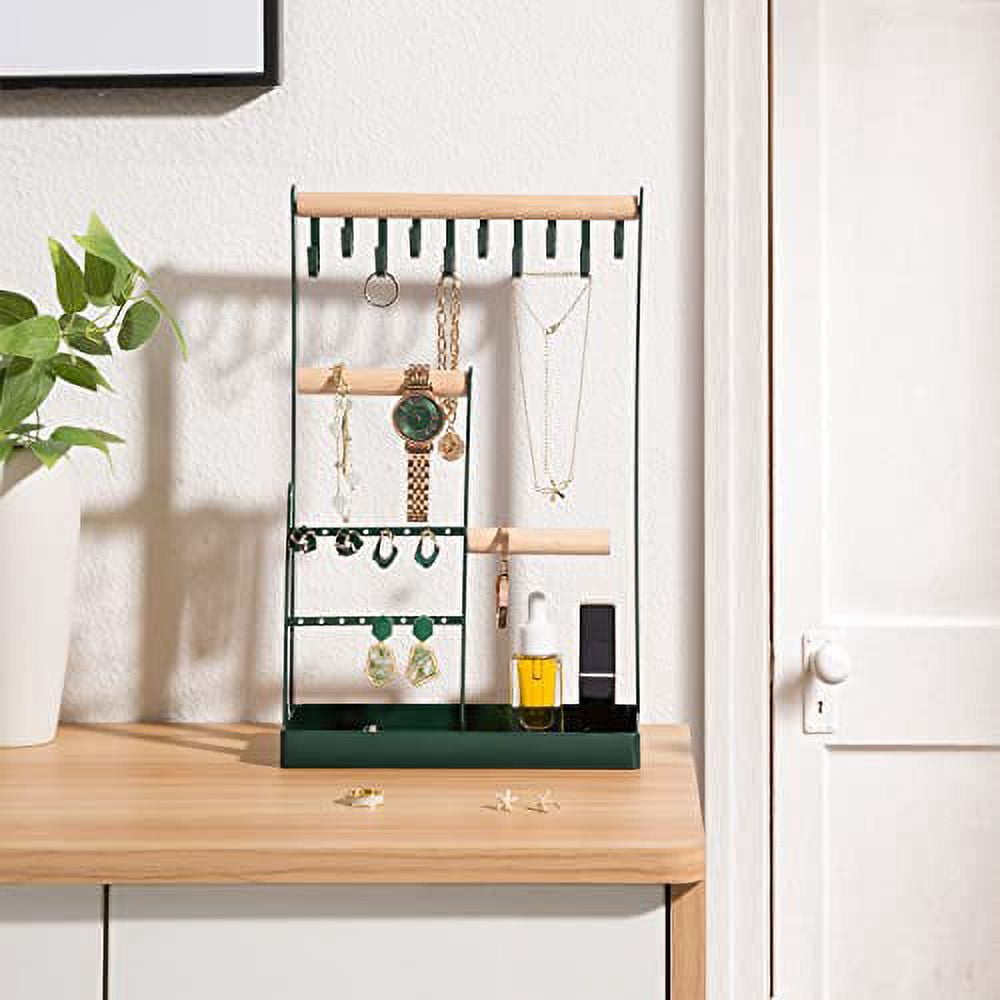 ProCase Jewelry Organizer Stand Necklace Holder, 4-Tier Jewelry Tower Rack with Earring Tray and Holes, 10 Hooks Necklaces Hanging Storage Tree Display for Bracelets Watches Earrings Rings -Green