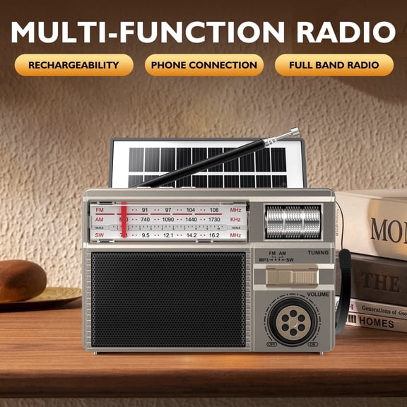 Portable AM FM SW Radio with Reception, Rechargeable & Solar Power, Big Speaker, Large Tuning Knob