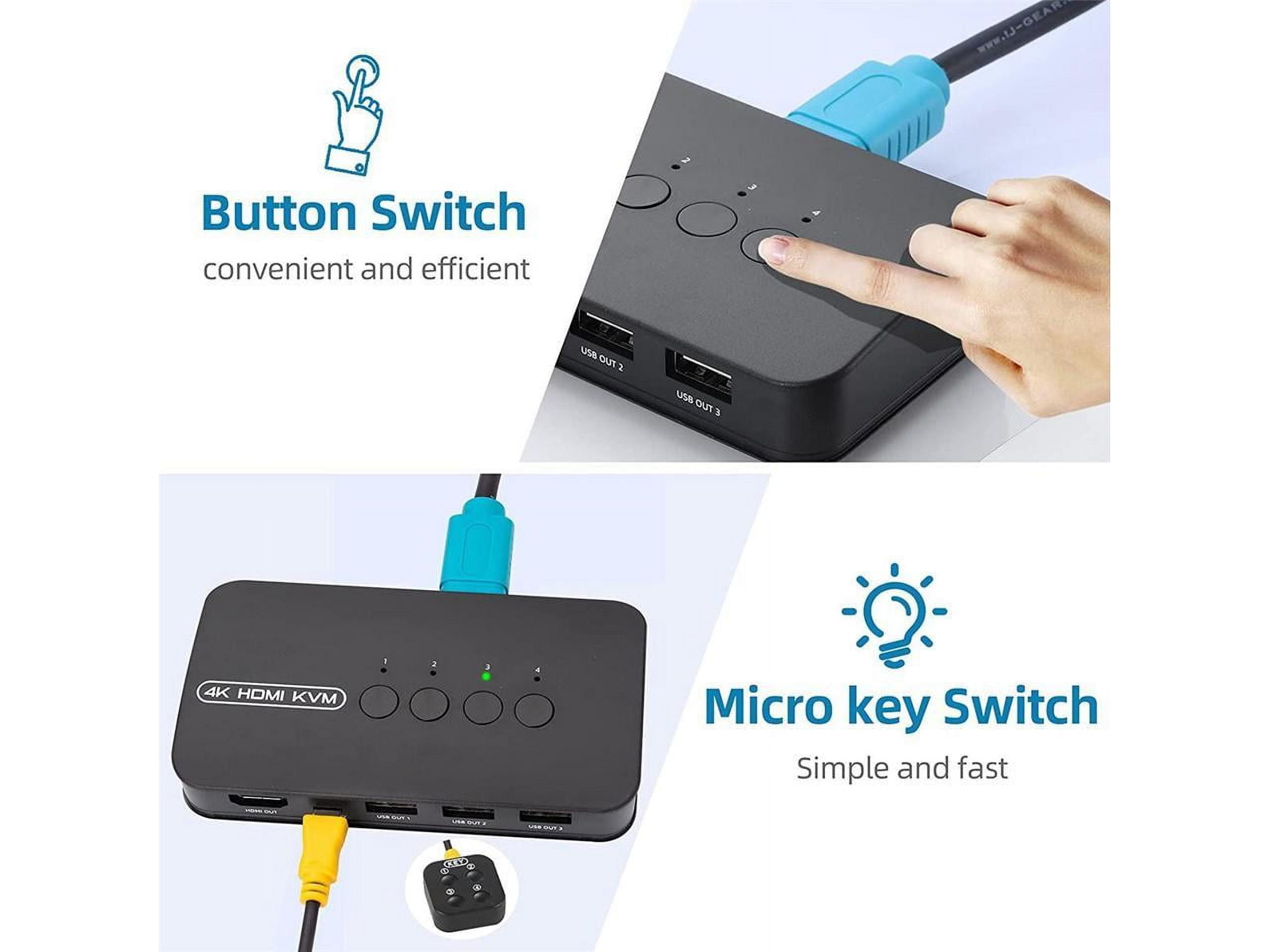 KVM Switch 4 Ports, HDMI USB Selector for 4 Computers Share Keyboard Mouse Printer and One HD 4K Monitor, Including 4 KVM Cables