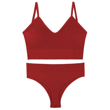 

Women Wheel-Free Bra and Thong Set Rib Underwear High Cut Panties Solid Color Push-up Camisole for Daily Sports No Trace Girl s Underwear M Wine Red