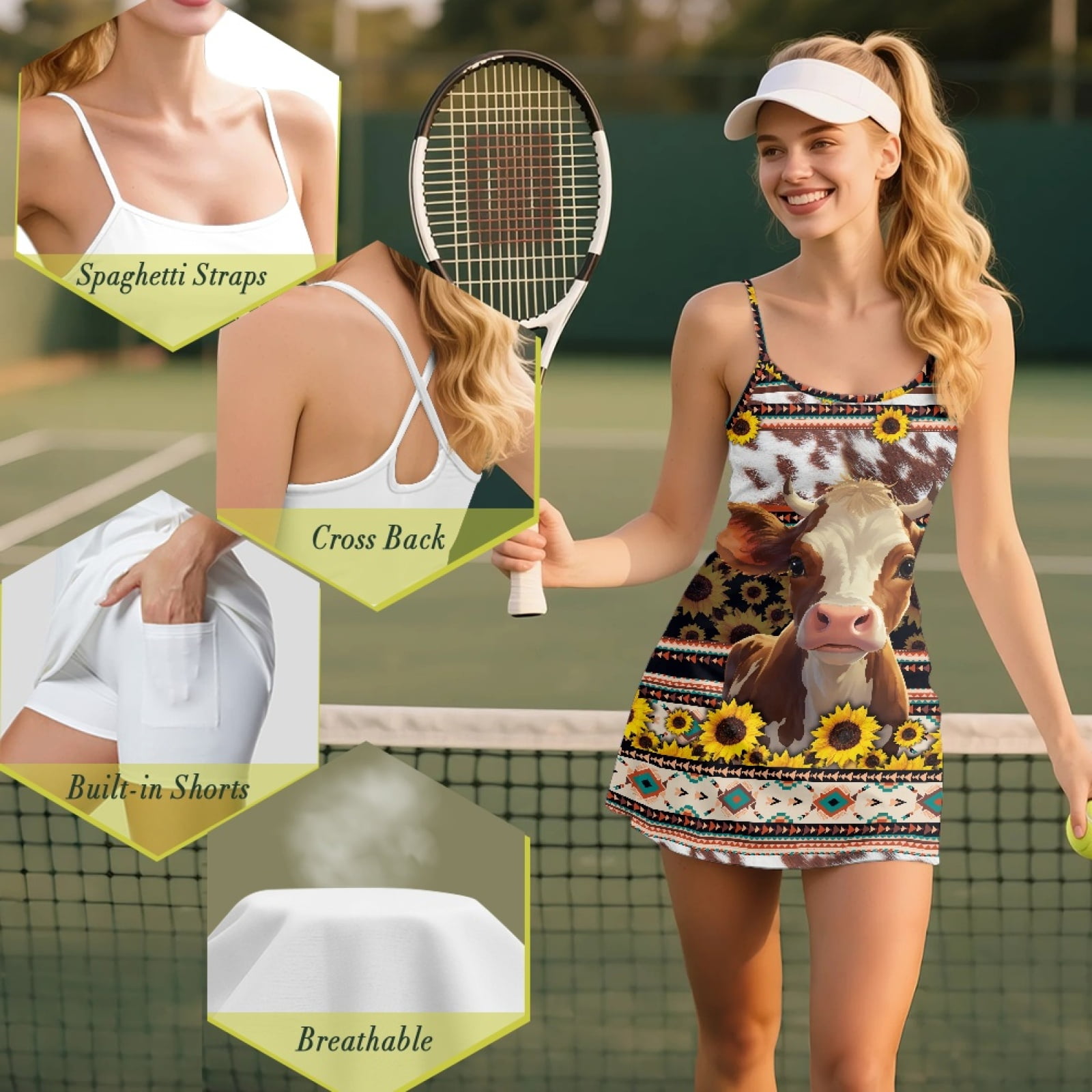 Yuyamidu Cow Womens Tennis Dress Built in Shorts Aztec Tribal Summer Exercise Workout Dress with Pockets Slim Fit Golf Athletic Dresses Size L