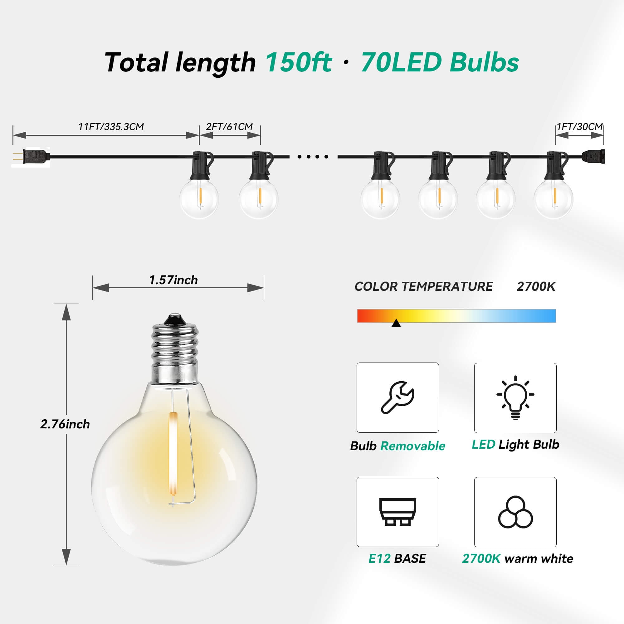 PHOPOLLO Outdoor String Lights, 150ft Patio Waterproof Lights with 70 G40 Shatterproof  Globe Bulbs, for Backyard Bistro Party
