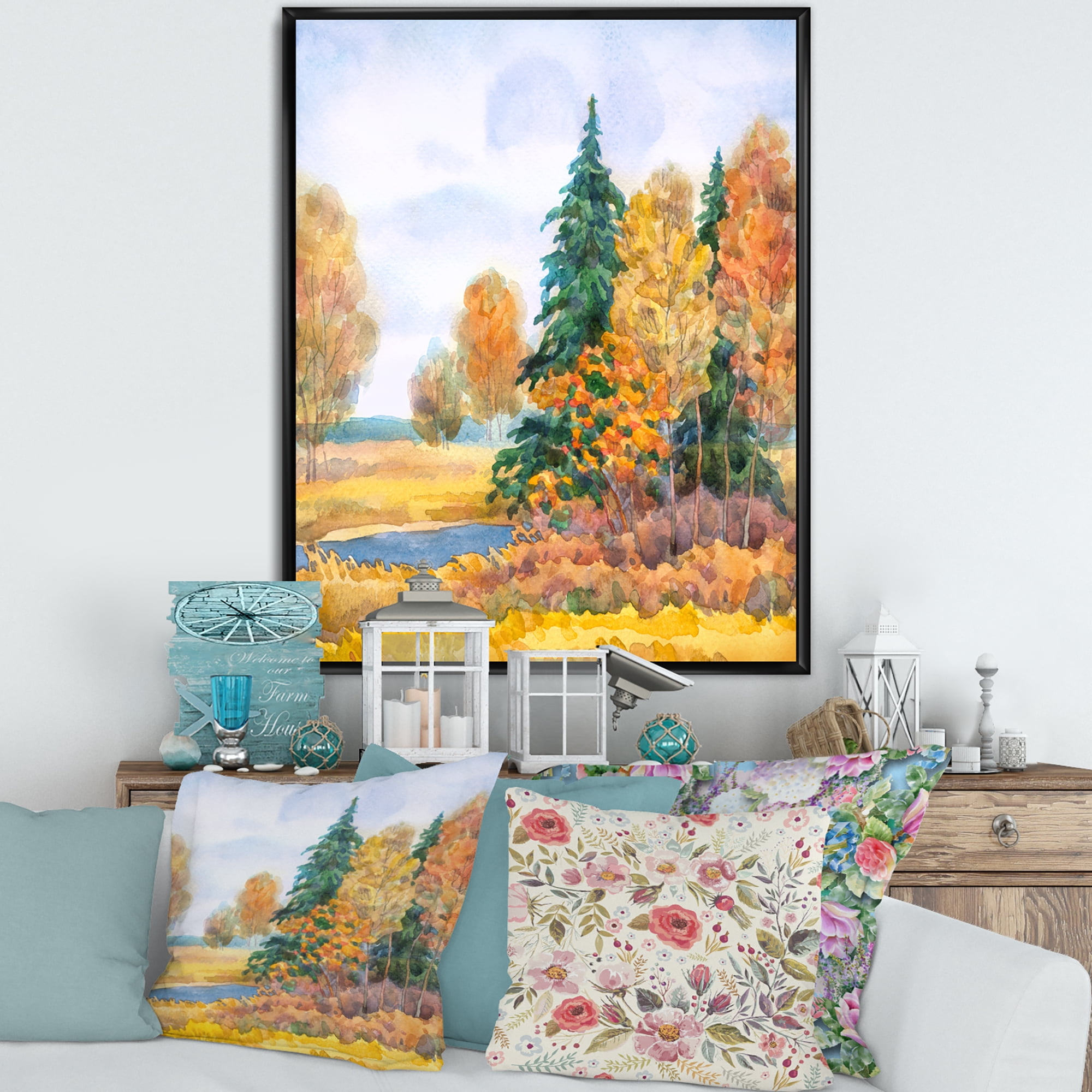 Designart 'Autumn Forest By The Lake Side V' Lake House Framed Canvas Wall Art Print