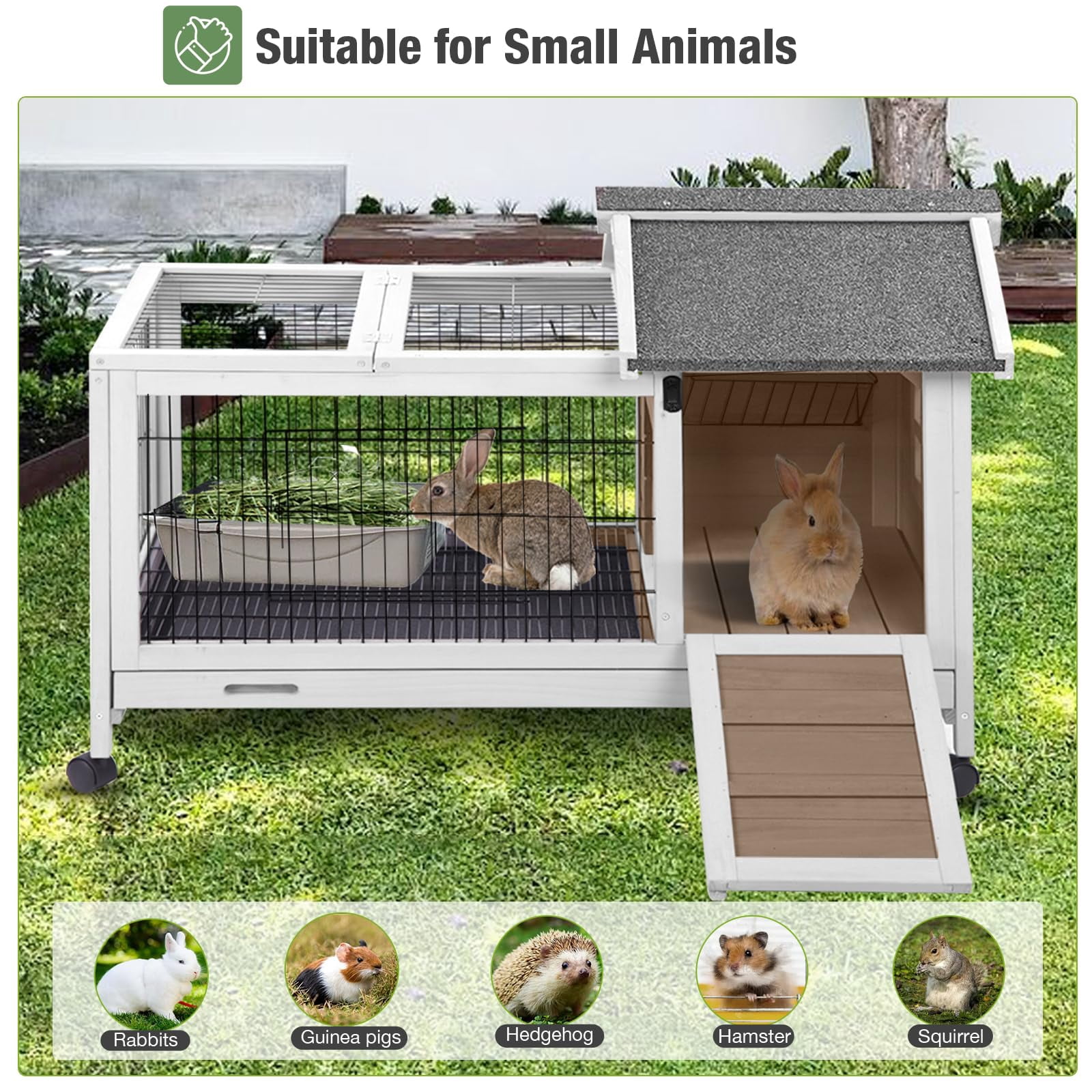 Aivituvin Rabbit Hutch with Wheels for Indoor Outdoor, Wooden Rabbit Cage with Removable Wire Netting & Leak Proof Tray, Mobile Bunny Cage, Brown