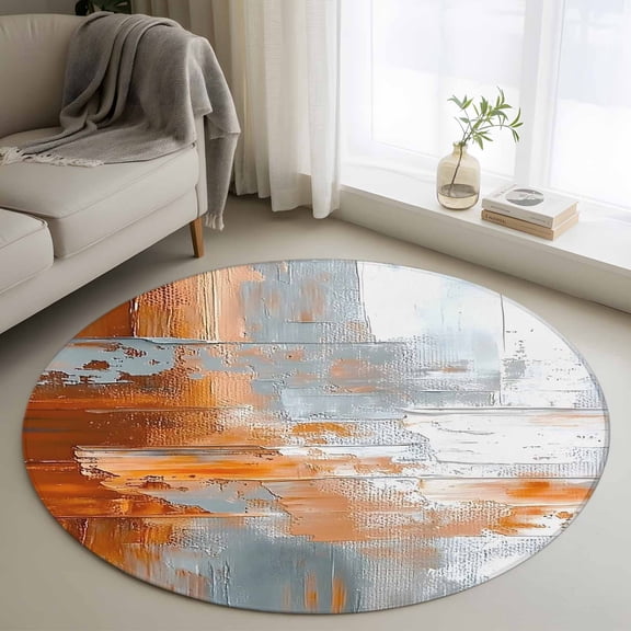 Abstract Orange Grey Round Area Rug 4 FT, Non Slip Indoor Outdoor Rug, Modern Minimalist Street Art Washable Soft Circular Carpet Non-Shedding Floor Mat for Coffee Table Nursery Foyer Balcony