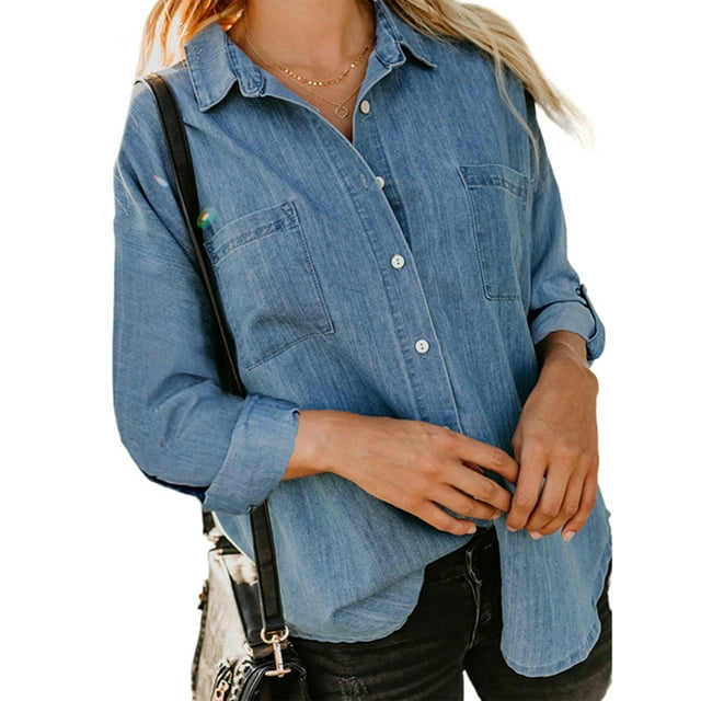 MAWCLOS Ladies Loose Curved Hem Denim Shirts Office With Pockets Tops Lake Blue M