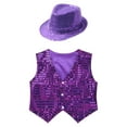 thumbnail image 3 of TiaoBug Kids Boys Girls Glittery Sequined Hip Hop Jazz Dance Costume Teens Sleeveless Vest Waistcoat with Hat Purple 14-15, 3 of 5