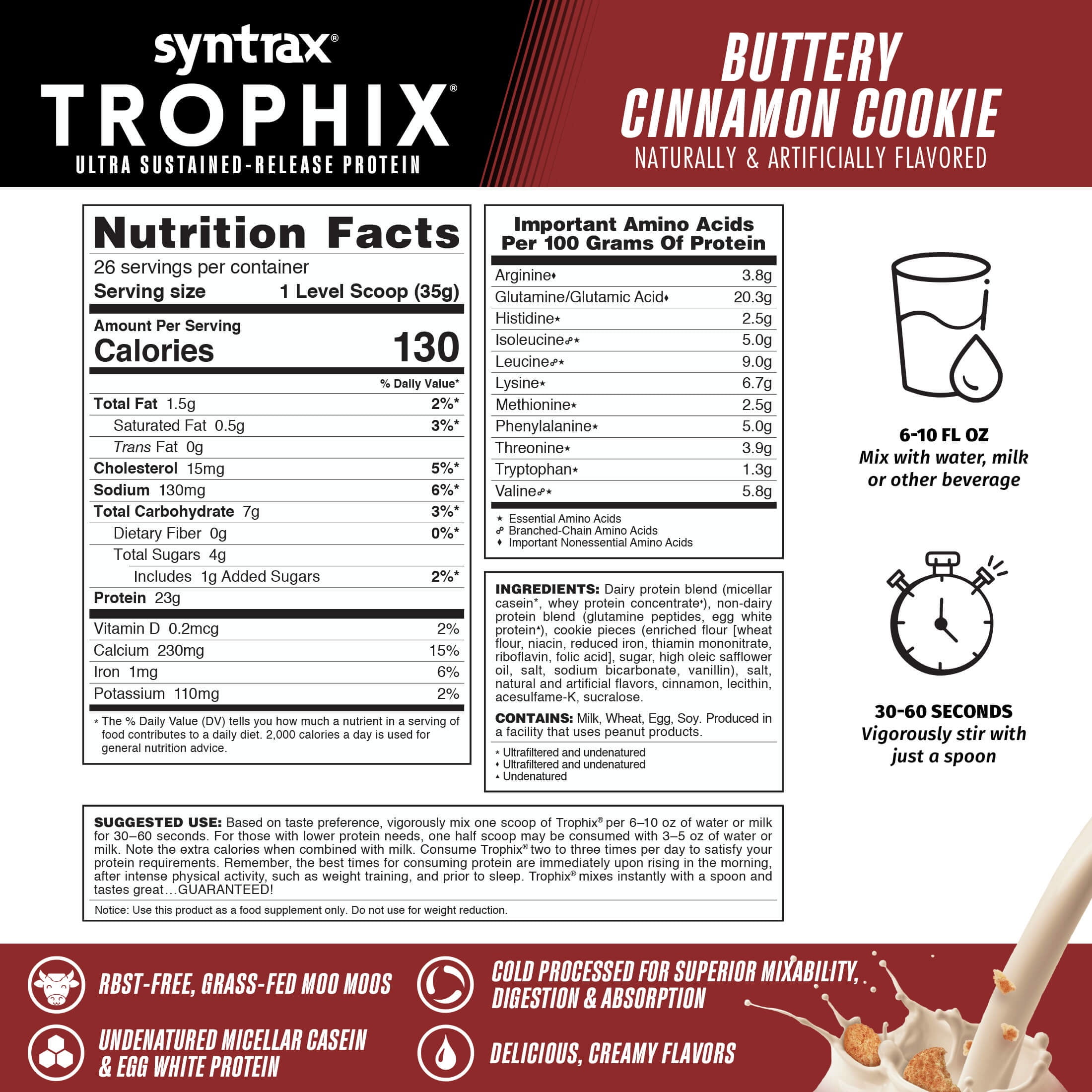 Syntrax Nutrition Trophix, Buttery Cinnamon Cookie 2 lbs. Ultra Sustained-Release Protein Powder Blend, with Real Cookie Pieces