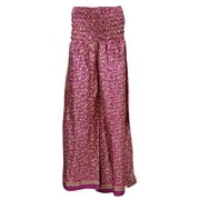 Mogul Women's Split Skirts Pink Vintage Silk Sari Smocked Waist Divided Maxi Skirt