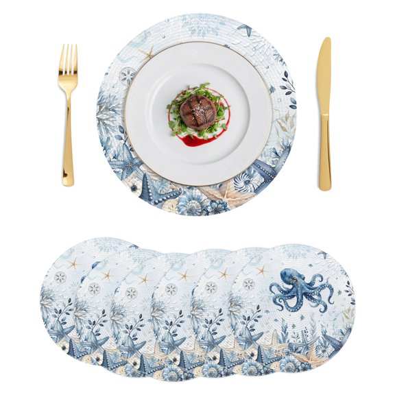 Round Placemats Blue Octopus Coastal 15 inch Set of 6 Table Mats for Dining Table Boho Beach Starfish Coral Botanical Heat Resistant Non-Slip Kitchen & Home Decorative Place Mat Set
