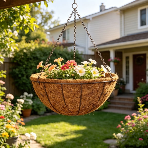 Diceymbol Round Hanging Planter with Coconut Fiber Liner Eco-Friendly Coir Basket for Indoor/Outdoor Plants, Breathable Air Pruning Pot without Chain for Ferns, Flowers & Herbs 16In