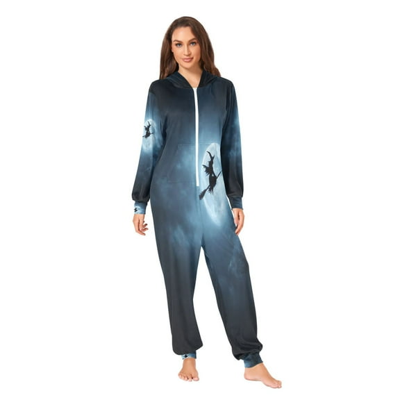 IAUYY Unisex Adult Onesie Pajamas Ultra-Soft Crystal-Soft Fabric, Halloween Adult Onesie Pajamas Adults,With a Zipper Plus Size Onesie Pajamas, Witch Riding A Broomstick