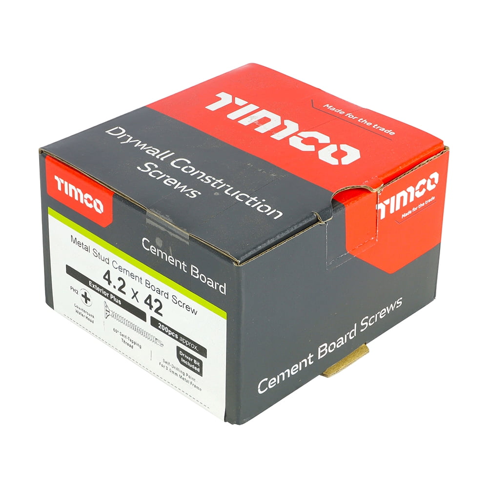 Timco - Drywall Construction Timber Stud Cement Board Screws - PH - Countersunk Wafer - Self-Drilling - Exterior - Silver Organic (Size 4.2 x 42 - 200 Pieces)