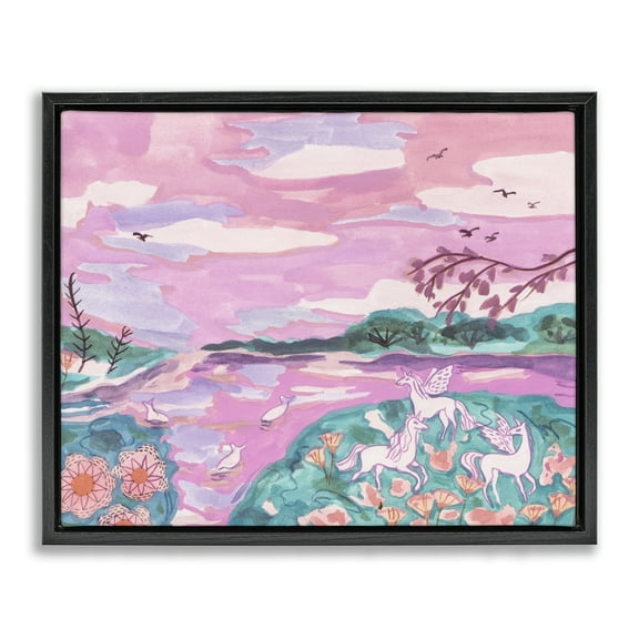 Stupell Industries Pink Whimsical Unicorns Fantasy & Sci-Fi Painting Black Floater Framed Canvas Art Print Wall Art, 21 x 17