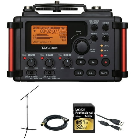 Tascam Portable Recorder for DSLR (DR-60DMKII) + 32GB SDHC Class 10 Memory Card + XLR 10' M-F 16AWG Gold Plated Cable + Professional Mic Stand w/Boom