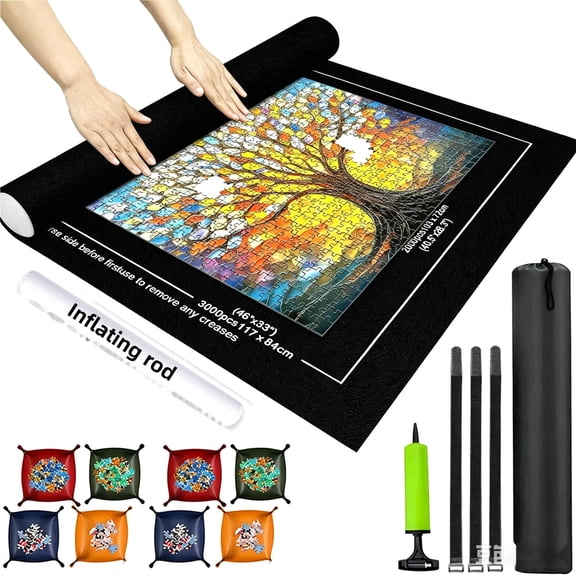 Jigsaw Puzzle Mat Roll Up to 3000pcs, Felt Puzzle Board with 8 Sorting Trays, Puzzle Storage and Organizer Set for 1000/1500/2000/3000 Piece Puzzles