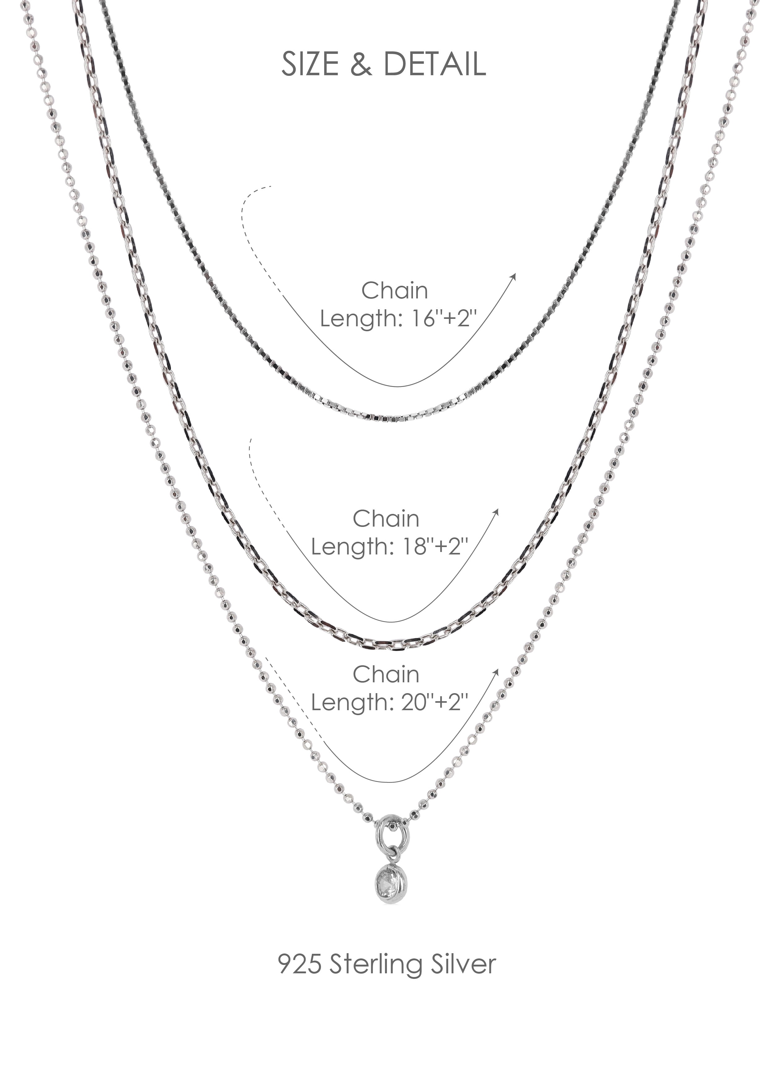 Brilliance Fine Jewelry Sterling Silver 3 Layer CZ Charm Necklace Set, 16"+2"; 18"+2"; 20"+2"