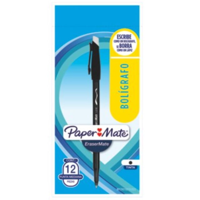 Bolígrafo borrable Paper Mate EraserMate punta media negro 12 unidades