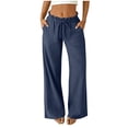 thumbnail image 2 of Danhjin Summer Women's Linen Pants High Waisted Straight Wide Leg Casual Loose Comfy Stretch Beach Pant With Pockets For Daily Outfits, 2 of 6