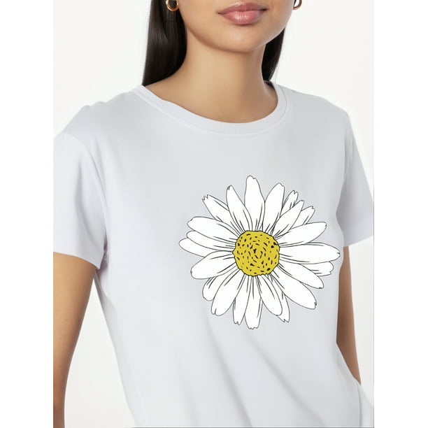 Plus Size Daisy Print Short Sleeve T-shirt, Women's Plus Slight Stretch Round Neck Casual Tee For Adult, Men, Women, Teen, Teenager, Adolescent, Youth