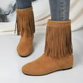 thumbnail image 2 of Hidden Wedges Mid Calf Fringe Boots for Women Boho Winter Fall Studded Suede Round Toe Dress Cowgirl Booties Khaki Size 6.5, 2 of 7