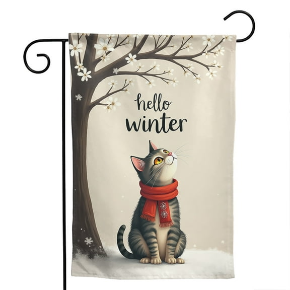 Hello Winter Cat Christmas Polyester Garden Flag 12.5x18 Inch - Double Sided Burlap Outdoor Holiday Yard Flag