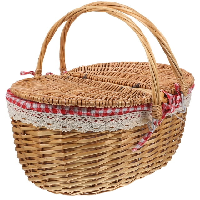 Cesta de picnic con asas y tapa, cesta de mimbre tejida, cesta de almacenamiento rústica