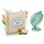 Thailand Jasmine Rice Milk Soap Original Handmade Gluta Collagen Contains Vitamins, Oil-Free, Organic for Hand, Face and Body (60-65 gram) With One Leaf Holder Soap - 100% Natural Ingredients