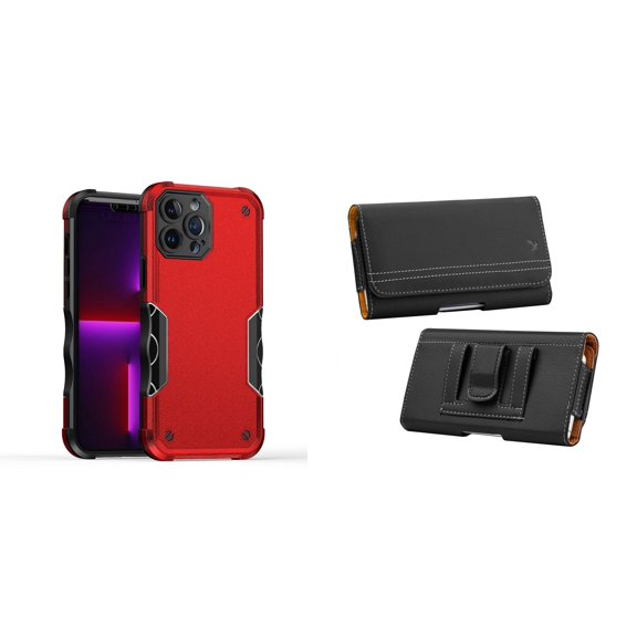 Case with Belt Holster Bundle for iPhone 14: Slim EX Hybrid Series Shockproof Case (Red) and PU Leather Magnetic Phone Pouch