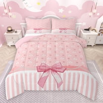 jejeloiu Chic Dots Bowknot Bedding Comforter Set,Cute Cartoon Crown Twin Comforter Sets,Pink Ribbon Bowtie Bedding Set For Kids,Breathable Home Decor Reversible,2 Pieces