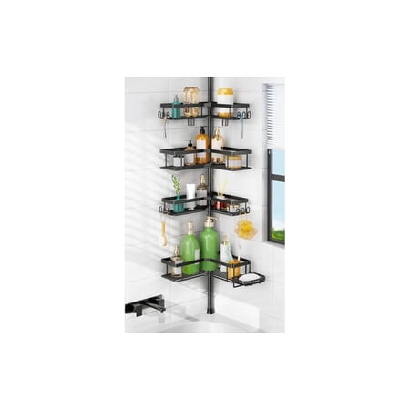 Shower Caddy Tension Pole: Corner Rustproof Bathroom Organizer with Soap Holder & Hooks – No-Drill Adjustable Shower Shelf – Stand Storage Rack