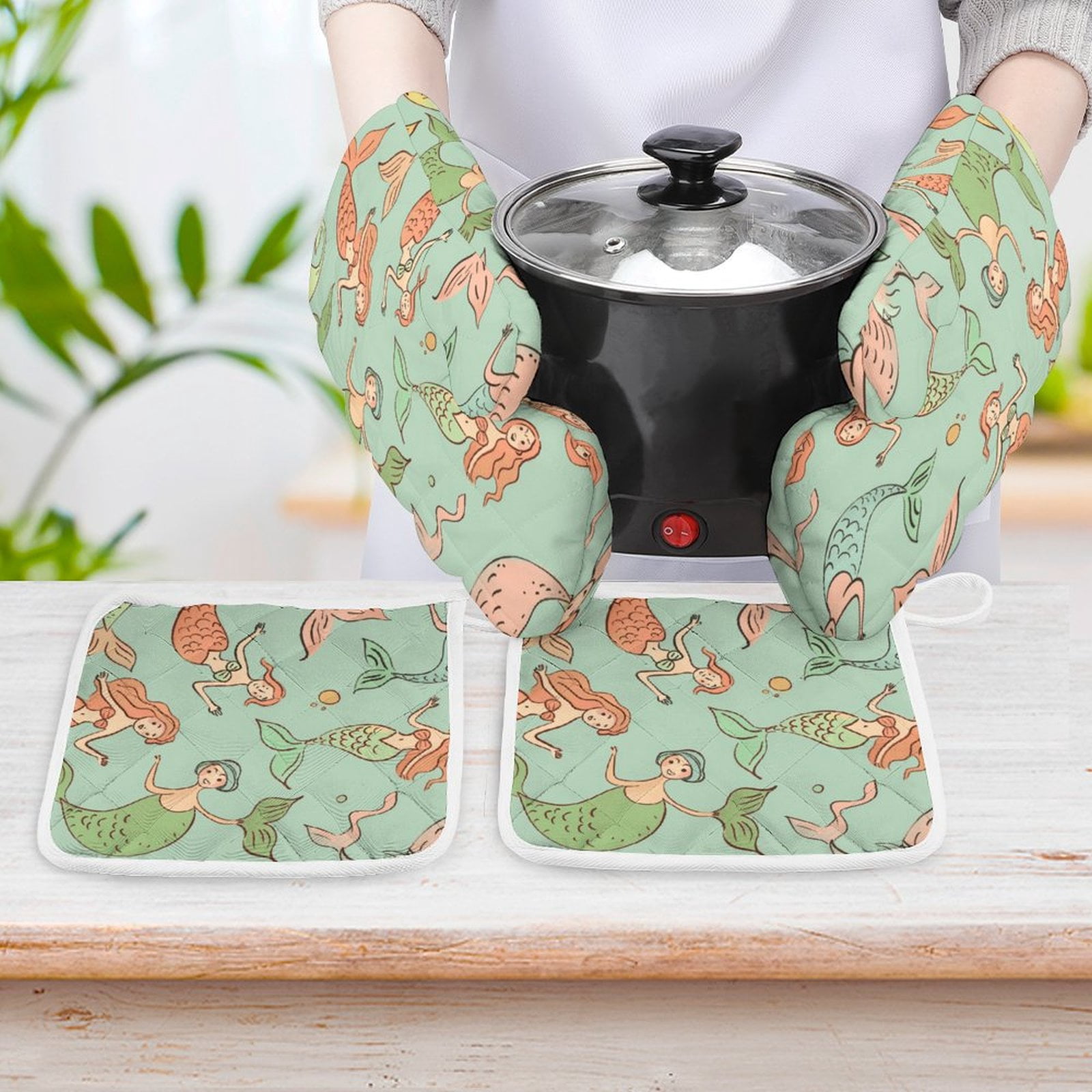 Ocean Cute Mermaid Insulated Gloves And Pot Mats (four Piece Set)