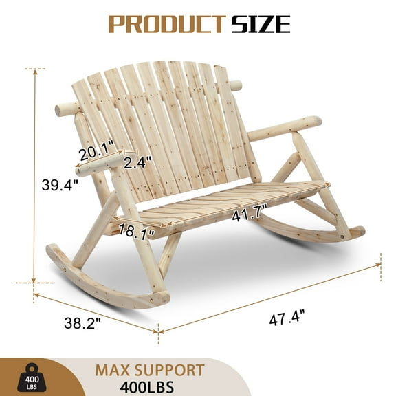wqmh 2-Person Wood Rocking Chair, Fir Log Adirondack Rocker, Outdoor Wood Accent Furniture Lounge Chairs with Wide Curved Seats for Garden Patio Backyard Porch, Natural