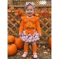 thumbnail image 3 of RUINIXCW Newborn Baby Girl My First Halloween Outfit Infant Girl Fall Clothes Letters Print Long Sleeve Romper Ruffled Skirt Headband Stockings Set, 3 of 10