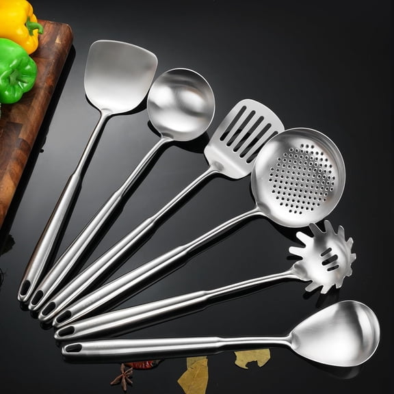 18/10 Stainless Steel Kitchen Utensils, 6 PCS Professional All Metal Cooking Utensils Set, Wok Spatula, Ladle, Skimmer, Slotted Spatula Turner, Spaghetti Spoon, Large Spoon 14"