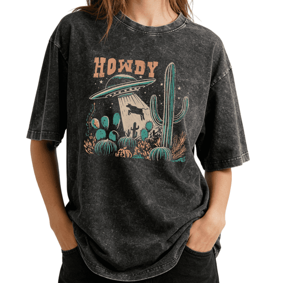Vintage Howdy Alien Cow Abduction Cactus Wash Print Tshirt S-2XL Acid Washed Black Graphic Tees Casual Shirts for Funny Western Fan Tops
