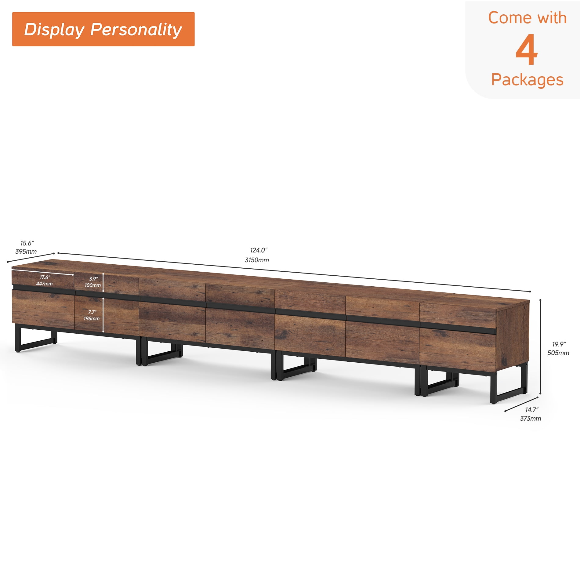 WAMPAT Modern TV Stand, 4-in-1 Entertainment Center with Storage Cabinets & Metal Base, 124" Brown, Fits TVs Up to 120"