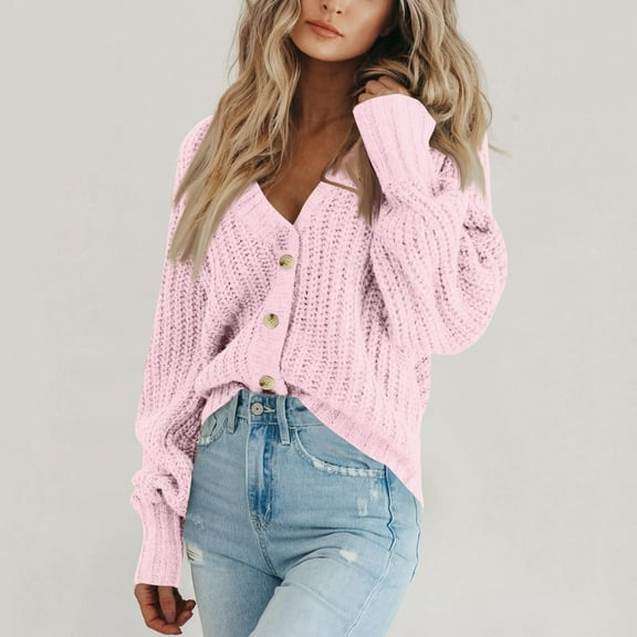 Fshiont Women's Chunky Knit Open Front Sweater Long Sleeve Button Loose Short Cardigan Outerwear Coats Pink L