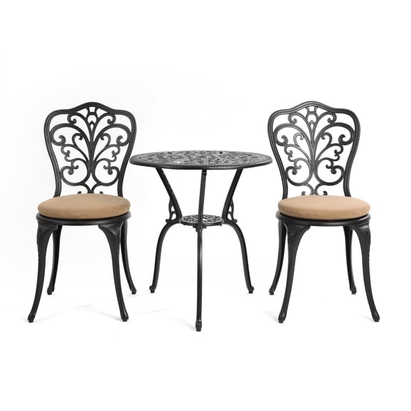 HOMEFUN Bistro Table Black Set, Outdoor Patio Set 3 Pieces Table and Chairs With Seat Cushion, Aluminium Leaf Carving Rust and Weather Resistant-Antique Bronze