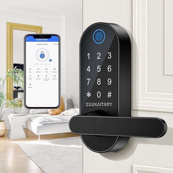 Euukaitary Fingerprint Smart Door Knob with Keypad, WiFi App Remote Control and Auto-Lock, Matte Black