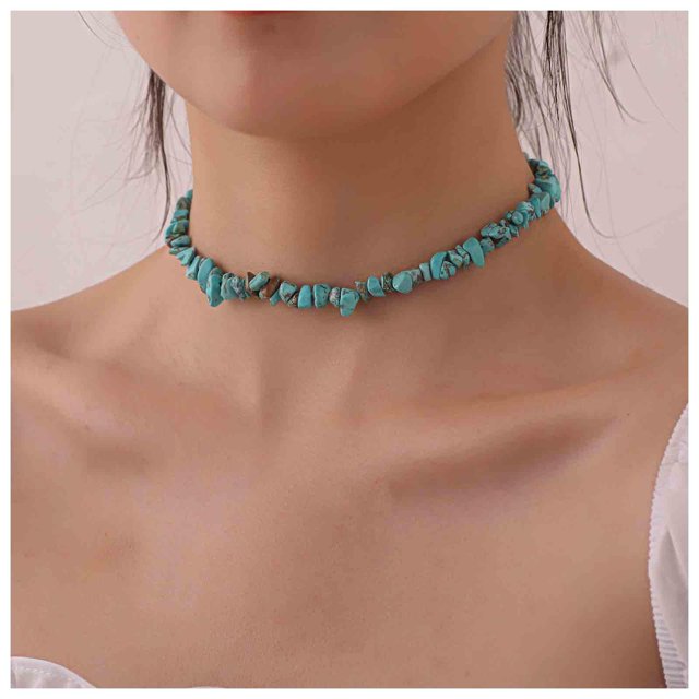 ZHAOCHENG Gargantilla de cuentas turquesas estilo bohemio, collar corto irregular de turquesa, collar de cuentas de piedras preciosas azules, collar de piedra natural, joyería de cadena para mujeres y