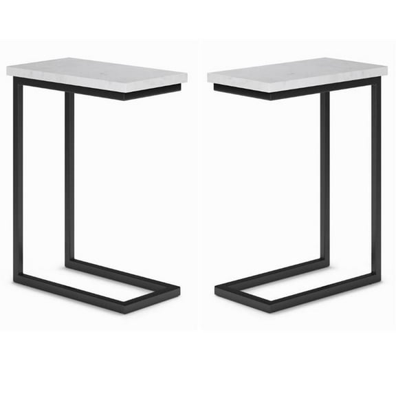 Home Square 2-Piece 18 " Metal C Side Table with Marble Top Set in White