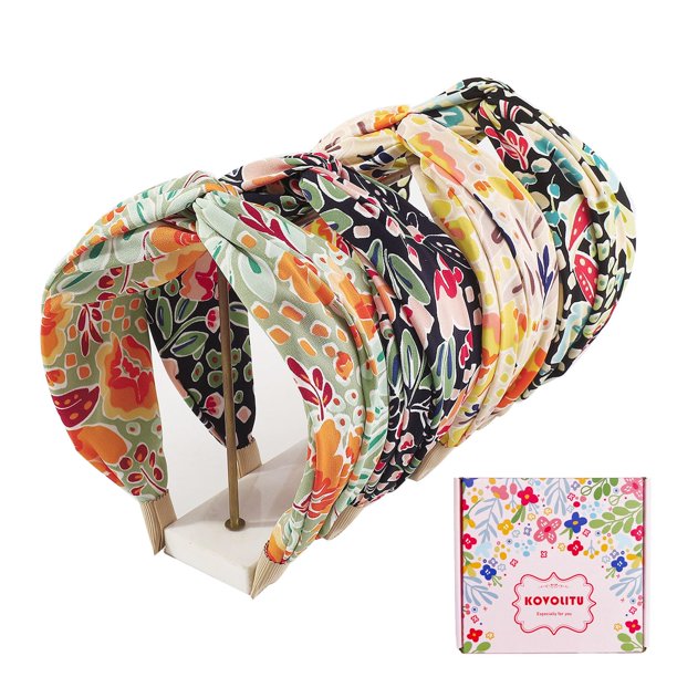 KOVOLITU Diademas anudadas con estampado floral para mujer, diademas anudadas anchas, paquete de 4 bandas para el pelo con nudo cruzado, clásicas