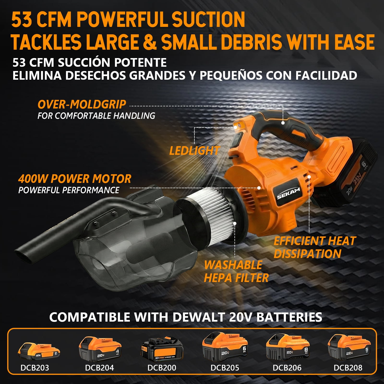 SEKAM Cordless Vacuum Cleaner Compatible with DeWalt 20V Battery, 16KPa Handheld Vacuum (Tool Only, Battery Not Included)