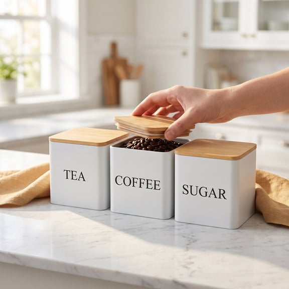 3Pcs Coffee and Sugar Container Set, Airtight Bamboo Lid Canisters for Tea, Sugar & Coffee – Large Modern Space-Saving Kitchen Jars