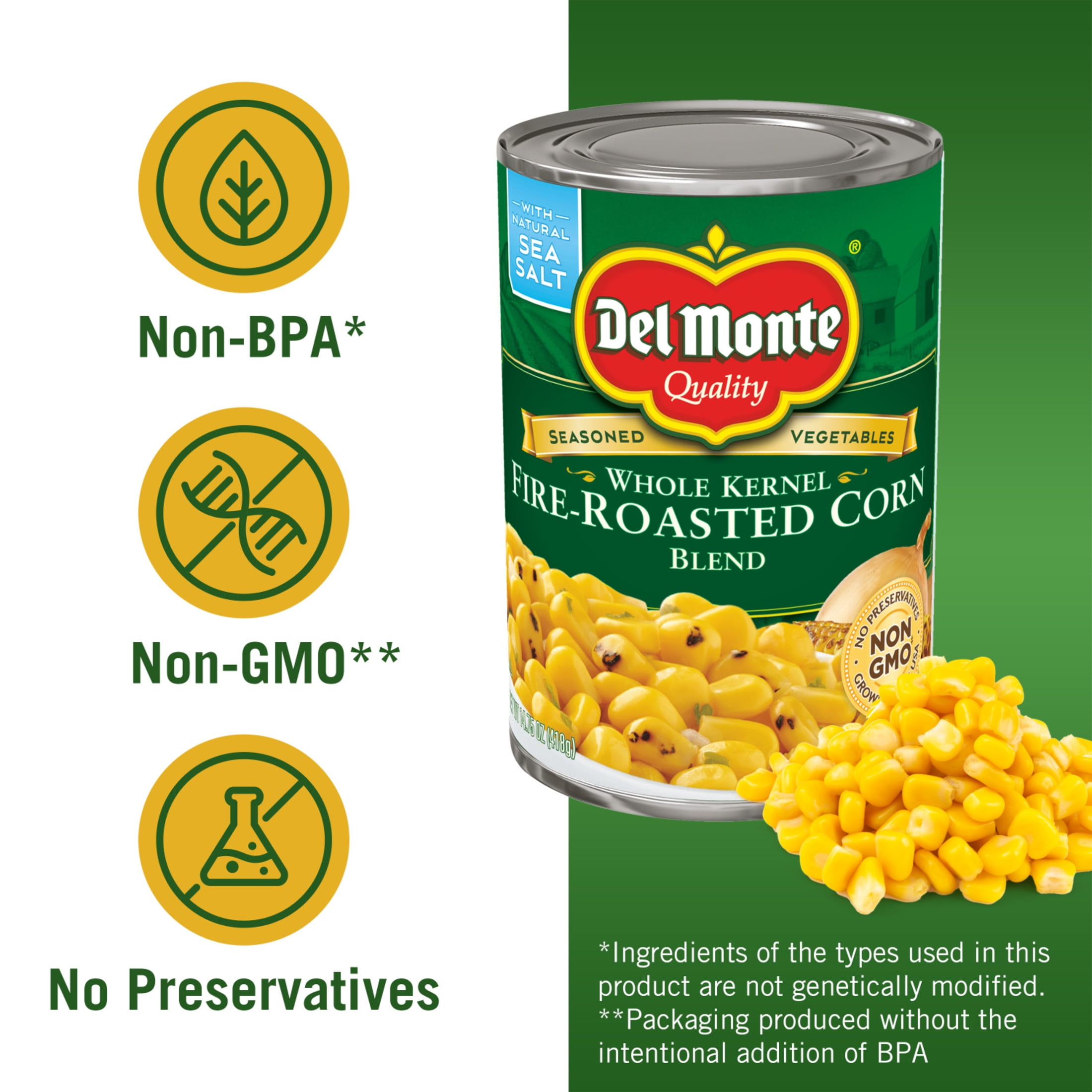 (12 pack) Del Monte Fire Roasted Whole Kernel Corn, Canned Vegetables, 14.75 oz Can