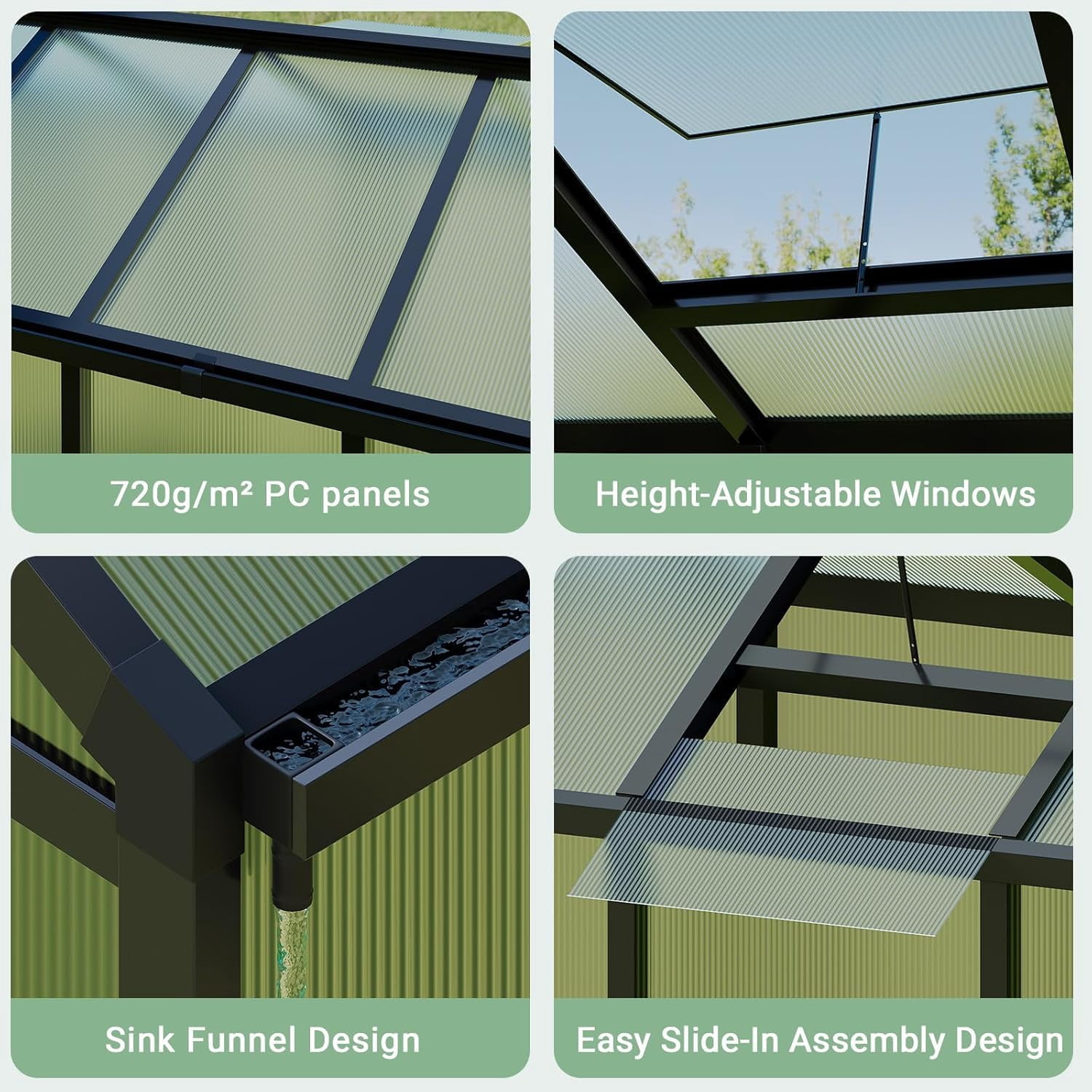 CazToi 6x8 FT Aluminum Frame Walk-in Polycarbonate Greenhouse with Roof Vent & Lockable Sliding Door